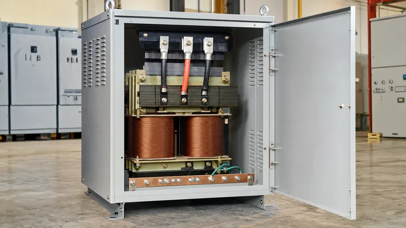 Industrial 120 to 240 transformer with copper windings and terminal connections inside a ventilated steel enclosure