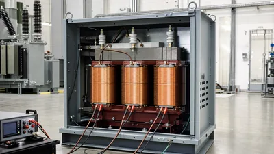 Industrial 120v to 240v transformer on factory test bench showing copper coils and terminal connections
