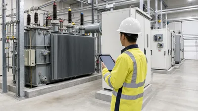 Electrical engineer calculating transformer load using a 3 phase calculator on site
