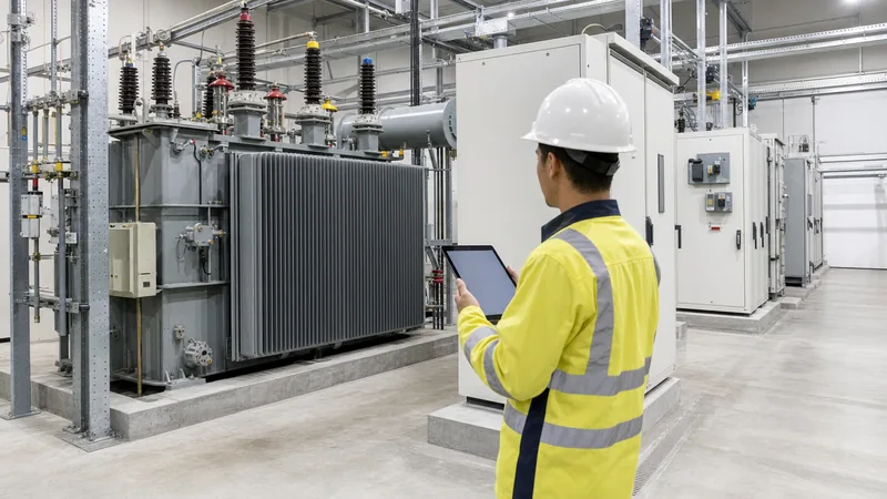Electrical engineer calculating transformer load using a 3 phase calculator on site