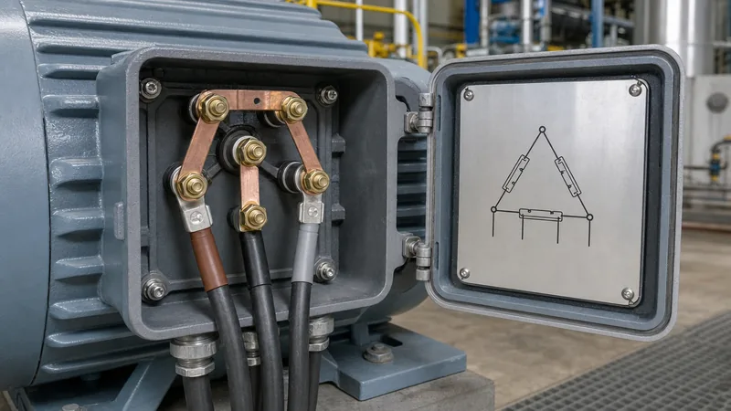 Industrial terminal box displaying 3 phase wiring motors diagrams and copper bus links
