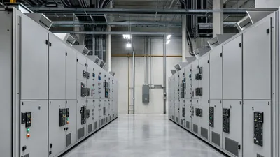 Industrial 480 arc flash switchgear assembly with arc containment ventilation and warning labels
