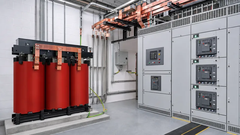 Engineered 480v 3 phase transformer and distribution switchgear installed in an industrial electrical room.