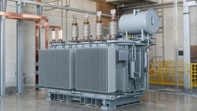 Heavy-duty three-phase ac transformer installed in an industrial electrical distribution room