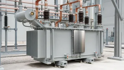 Industrial three-phase ac voltage transformer installed in a medium-voltage electrical substation