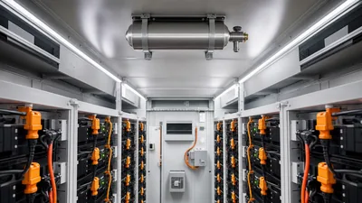 Condensed aerosol fire extinguisher canister mounted on ceiling of energy storage enclosure