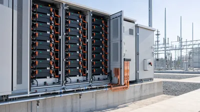 Commercial aes battery storage rack system installed in an industrial power plant facility.