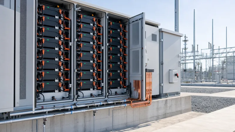 Commercial aes battery storage rack system installed in an industrial power plant facility.