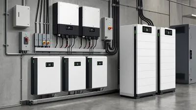 Industrial installation of modular baterias solares cabinets connected to commercial hybrid inverters