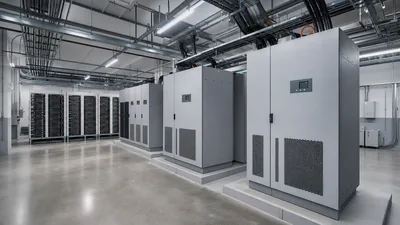 Industrial battery backup power supply system with external battery racks installed in electrical room