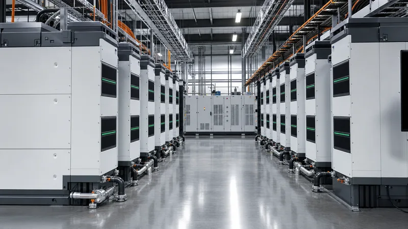 Battery bank industrial installation with liquid-cooled racks and high-voltage DC switchgear in a factory power room