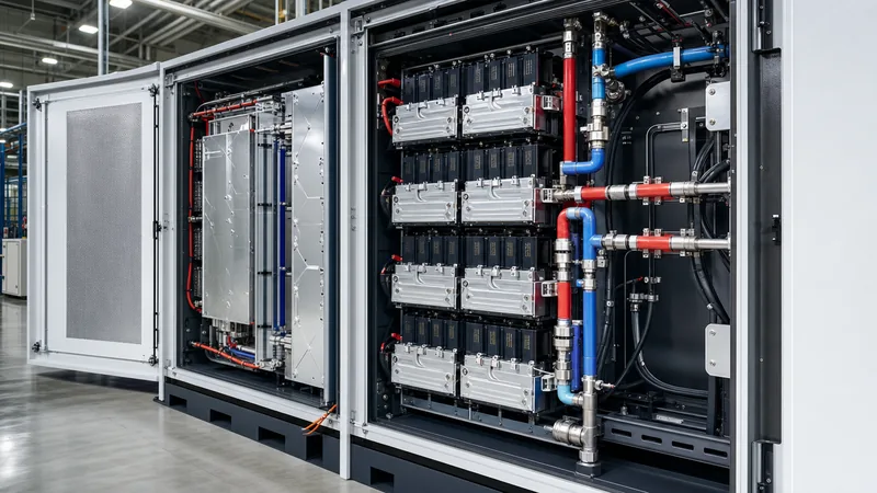 Industrial battery cooling cold plates and fluid manifolds installed in a lithium-ion energy storage rack