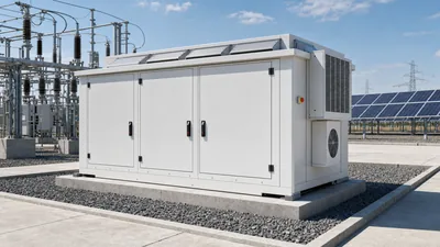 Industrial outdoor battery enclosure cabinet with integrated HVAC and fire mitigation systems on a concrete pad