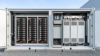 Internal view of battery energy storage system components showing DC racks and liquid cooling manifolds