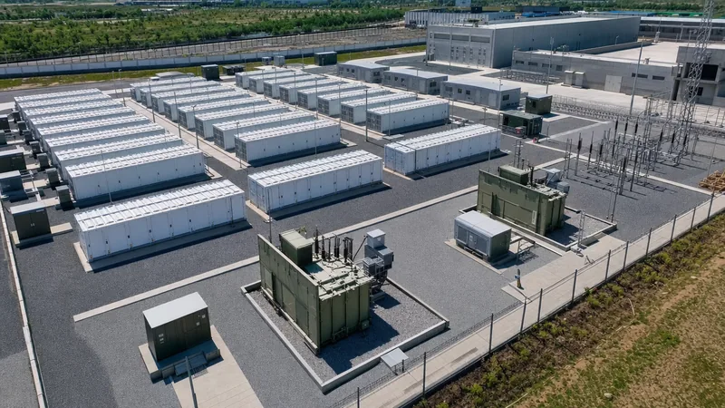 Aerial view of a utility battery farm showing liquid-cooled battery containers and transformer substations