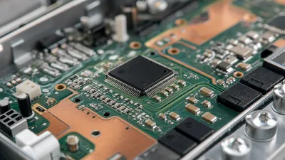 Close up of an industrial battery management ic on a printed circuit board for an energy storage system
