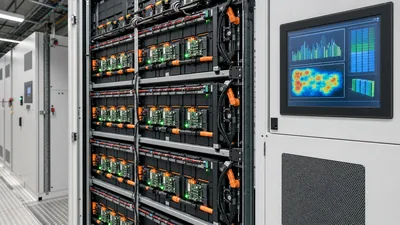 Industrial battery monitoring system modules and screen on utility energy storage rack
