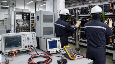 Engineers conducting battery soc calibration on an industrial lithium-ion rack
