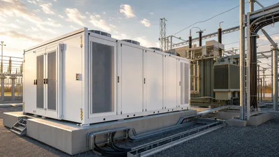 Commercial battery storage installation featuring outdoor liquid-cooled battery enclosures and electrical switchgear