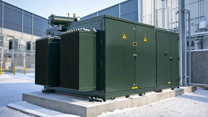 Canadian transformer manufacturers compliant pad-mounted transformer installed on industrial concrete pad