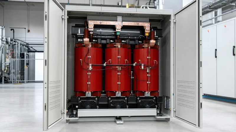 Industrial cast resin transformer installed in a modern electrical substation enclosure