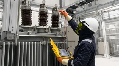 Electrical engineer checking insulation resistance on high voltage transformer bushings with a digital megohmmeter