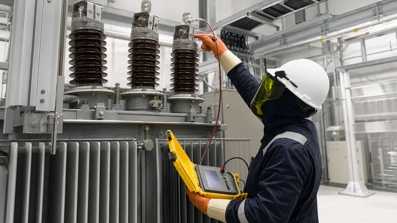 Electrical engineer checking insulation resistance on high voltage transformer bushings with a digital megohmmeter