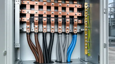 Color code for 3 phase power conductors wired inside an industrial low-voltage distribution switchboard.