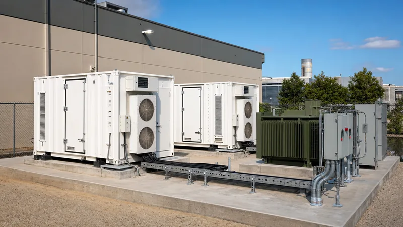 Commercial battery storage system showing outdoor liquid-cooled containerized enclosures and transformer integration