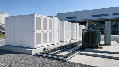 Commercial energy storage battery system cabinets installed on an industrial concrete pad with step-up transformer