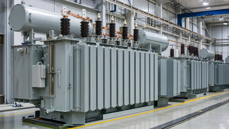 Lineup of standard industrial common transformer sizes inside a medium-voltage electrical manufacturing facility