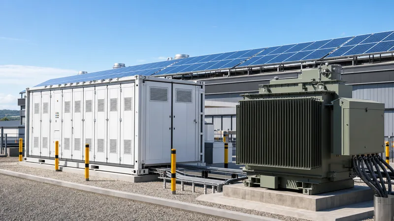 Commercial company solar energy installation with containerised battery storage and step-up transformer substation