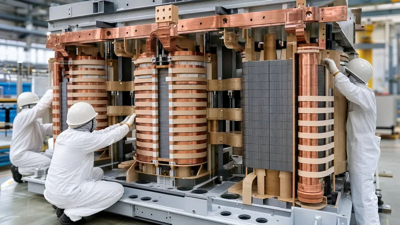 Internal construction of transformer showing copper windings wrapped over laminated steel core limbs