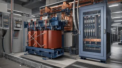 Industrial electrical room setup demonstrating how to convert 1 phase to 3 phase using a converter and transformer