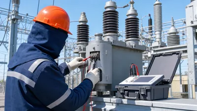 Electrical engineer conducting current transformer testing on a substation instrument transformer terminal box