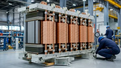 Heavy duty custom transformer during core and winding assembly inside electrical manufacturing facility