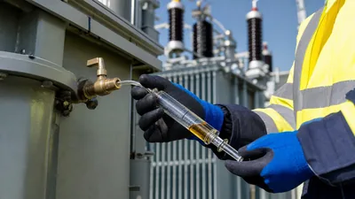 Electrical engineer conducting a dga transformer oil sample extraction using a glass syringe