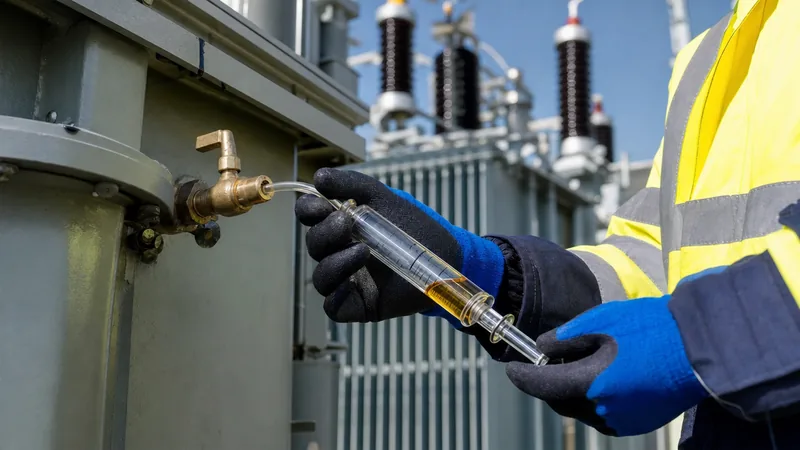 Electrical engineer conducting a dga transformer oil sample extraction using a glass syringe