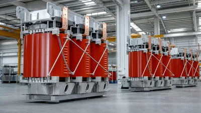 Industrial diecast transformers showing vacuum cast resin coils, core laminations, and busbars