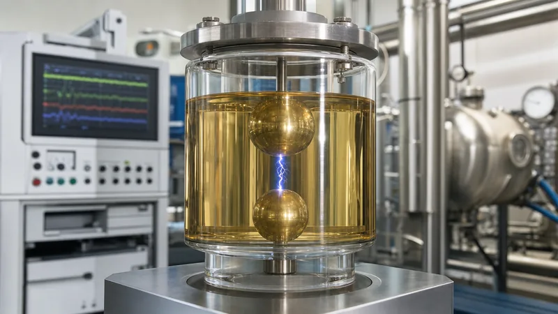 Dielectric insulating oil breakdown voltage test cell with submerged brass electrodes in a high voltage laboratory