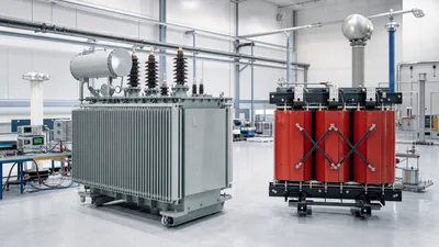 Different types of transformers including liquid-immersed power units and cast resin dry-type transformers in a factory
