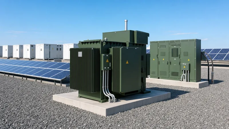 Commercial distributed energy resources installation showing solar arrays, battery storage, and distribution transformer