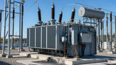 Three-phase oil-immersed distribution transformer installed inside an outdoor utility substation