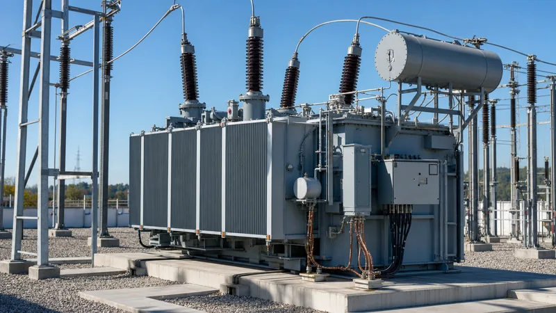 Three-phase oil-immersed distribution transformer installed inside an outdoor utility substation