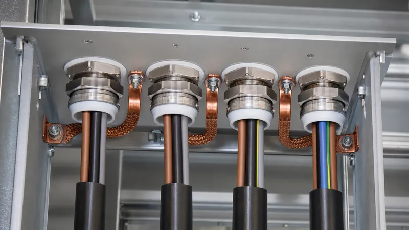 Heavy-duty electrical box bushing installed on industrial switchgear panel entry with grounding wire