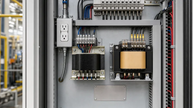 Industrial electrical outlet transformer installed inside an electrical control enclosure with wiring and circuit breake