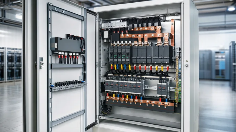 Industrial three-phase electrical panel board assembly showing circuit breakers and copper busbars