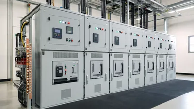 Medium-voltage electrical switchgear panels installed in an industrial substation control room