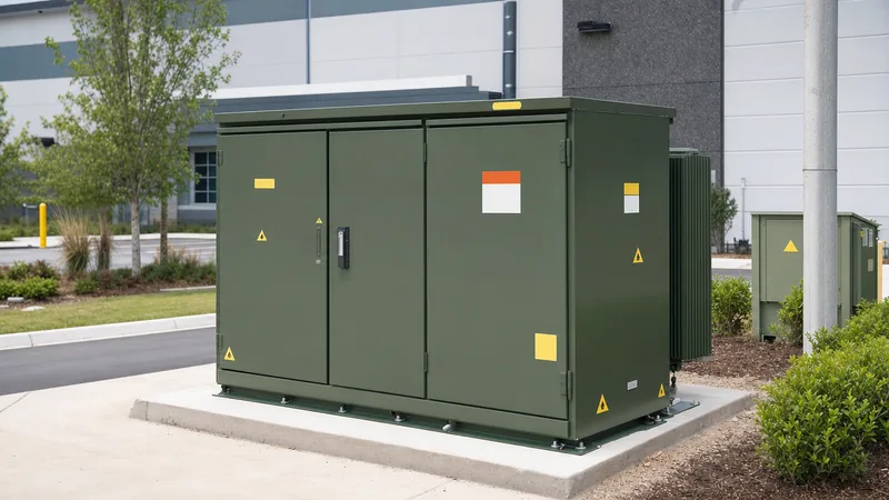 Three-phase electrical transformer box installed on a concrete pad for underground distribution