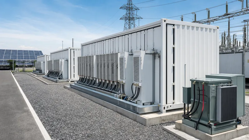 Industrial containerised energy storage lithium ion batteries installation beside solar array